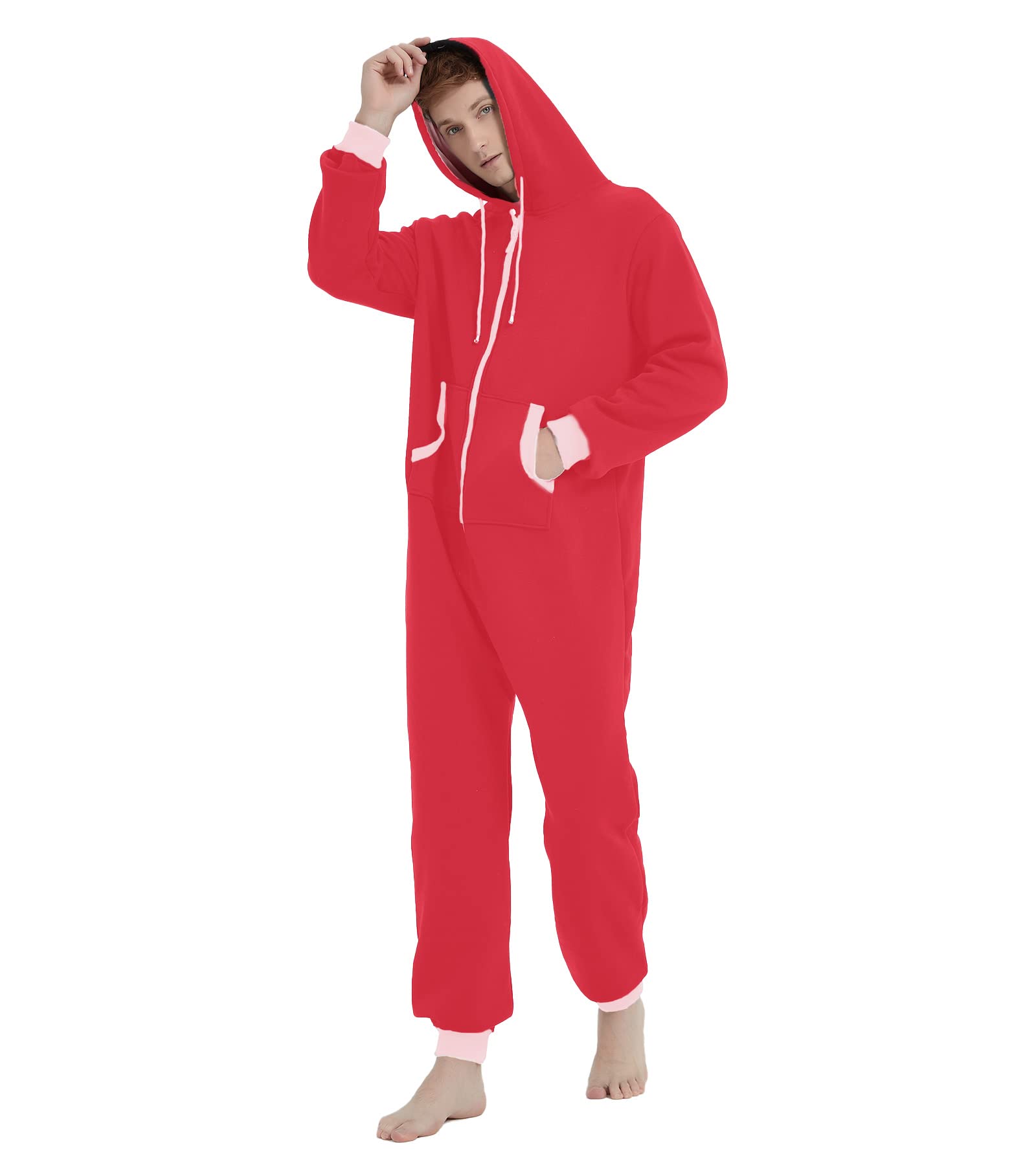 Kgromfy Mono con capucha para adultos Mono familiar Parejas a juego Pijamas con cremallera Ropa de dormir de una pieza de Navidad, Red-white Zipper, Medium
