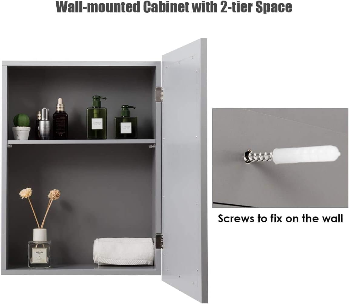 GOFLAME Bathroom Medicine Cabinet, Wall Mount Mirrored Storage Cabinets w/Single Door & Adjustable Shelf, Multipurpose Wooden Organizer for Hallway Living Room Bedroom, Grey