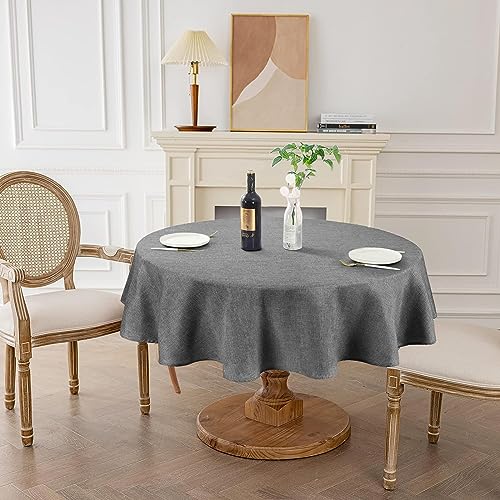 Image of AUSSPVOCT Textured Faux Linen 60 Inch Round Tablecloth Up to 40'' Tables, Waterproof Spill-Proof Round Table Cloth Wrinkle Free Circle Dining Table Cover for Birthday Farmhouse Outdoor Kitchen