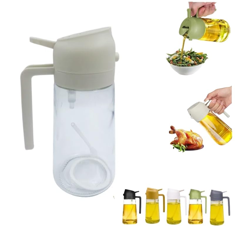2 in 1 glass olive oil filling bottle, 2 in 1 cooking oiler, spray, kitchen press fuel injector, used for salad making, baking, frying, barbecue, kitchen gadgets (470ml) (white)