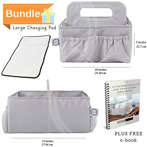 Image of Diaper caddy organizer & changing pad- easy storage and portable for travel. Great for nursery room. Excellent baby shower gift set. Neutral unisex grey color