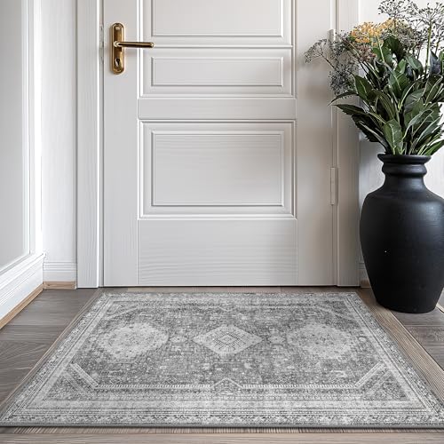 GENIMO 2x3 Non Slip Area Rug Doormat, Machine Washable & Low Pile, Vintage Small Lightweight Rugs for Entryway, Hallway, Kitchen, Bathroom and Bedroom, Gray