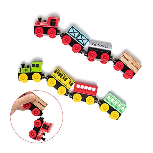 umu Wooden Train Set Railroad Track for Kids, Compatible to Thomas Train Toys Railway and Major Brands, Includes 8 Magnetic Rail Cargo Cars & 12 Tracks & 2 Bridges for 3+ Year Old Boys and Girls