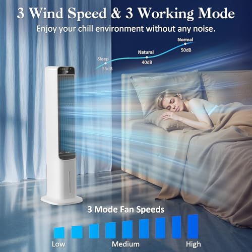 Image of Portable Evaporative Air Cooler, 2 in 1 Swamp Cooling Tower Fan with Remote, 4 Ice Packs, 50 Oscillation, 12H Timer, 3 Speeds 3 Modes, Fans That Blow Cold Air for Home Bedroom Office, White