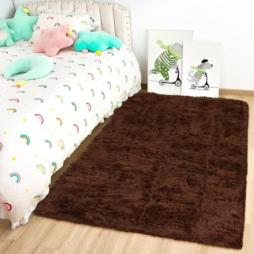 Oxford Homeware Rugs Living Room 60x110 cm – Brown Area Rugs for Bedroom Small – Fluffy Shaggy Super Soft Non Slip Rug Washable Modern Floor Carpets Bedside Rug for Kids Room