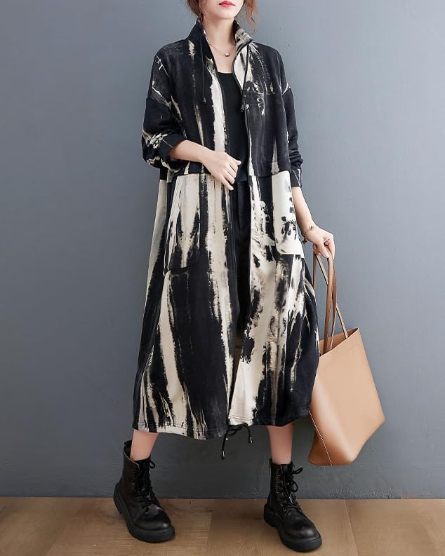 ellazhu Women's Coats Retro Trench Mock Neck Long Sleeve Oversize Zip up Printed Long Maxi Hem Side Pockets GZ624 A - Image 3