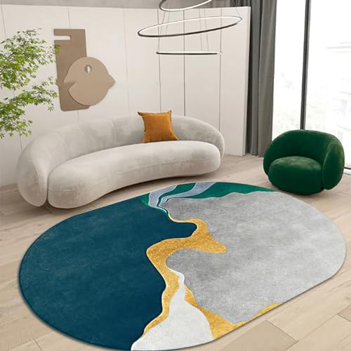 Tapis ovale de salon bleu sarcelle et jaune pour une ambiance chaleureuse - 2