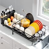 Urackify Large Dish Drying Rack, Expandable Dish Racks for Kitchen Counter, Multifunctional Dish Drainer with Utensil Holder & Cup Holder, 18.5'-26.7' L x 12.7' W, Black