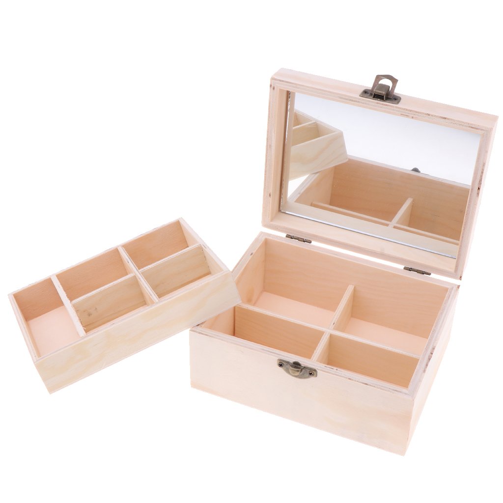 WOVEBIUS Natural Plain Wooden Jewellery Decoupage Box Mirror 9 Comapartments and Tray