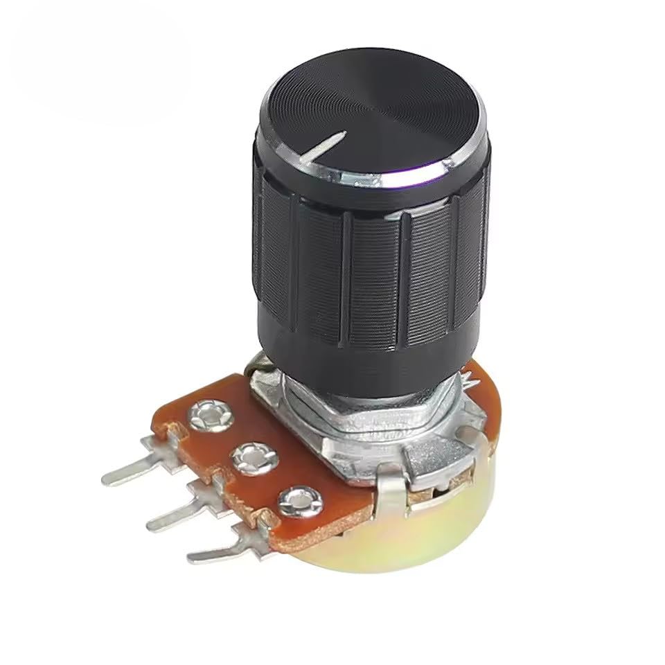 Rotary Potentiometer Linear Taper, WH148, 15mm, 3-Pin, with Black Aluminium Knobs