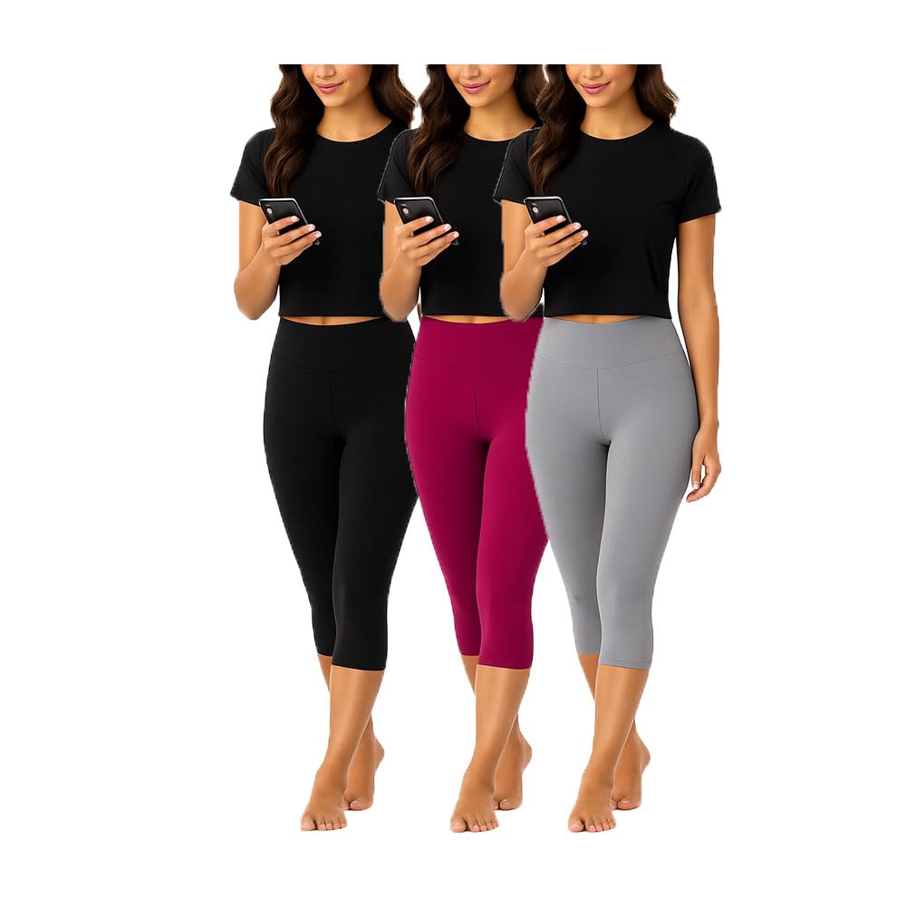 brand flex Womens Casual Solid Stretchable Plain 3/4th Capri For Girls Black, Grey, Pink (Pack Of 3)-picture-34