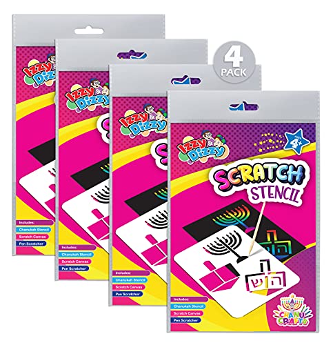Hanukkah Scratch Stencil Art Kit - 4 Pack - 8" x 6" - Includes Sctatch Stick - Chanukah Arts and Crafts - Gifts and Games - Izzy 'n' Dizzy