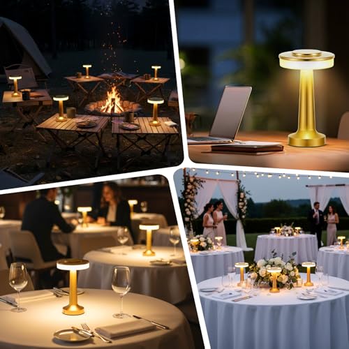 Image of Riakrum 24 Pcs LED Cordless Table Lamp Bulk Rechargeable,Gold | Portable Wireless Lamps, 3 Color Stepless Dimming, 15 Hour Battery, Touch Control, Wedding Home Restaurant Decor