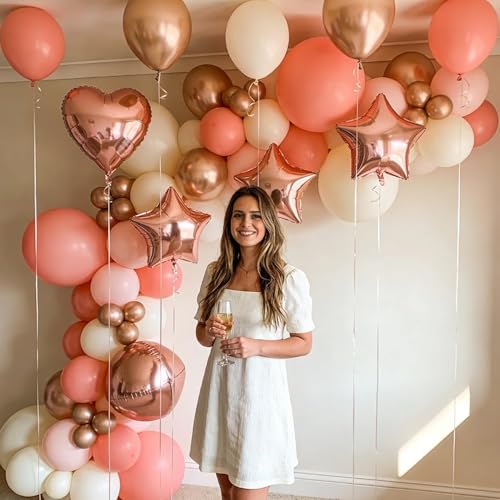 Image of 60Pcs Pink Rose Gold Balloons Kit 12 Inch Retro Pink Light Rose Gold Metallic Gold Ivory White Confetti Balloons for Birthday Wedding Bridal Shower Bachelorette Party Decorations Decor