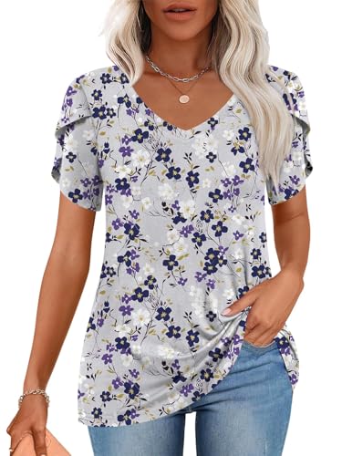 CATHY 2025 Woman's Tops Summer V-Neck Casual Short Sleeve Plus Size T-Shirts Blouses for Ladies Gray-purple Flower X-Large
