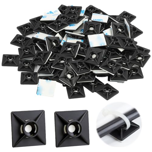 Pack de 100 Embases Adhésives pour Attaches de Câble, 19mm x 19mm, Noir - Supports Auto-Adhésifs pour Serre-Câbles, Idéal pour Organisation de Câbles à la Maison...