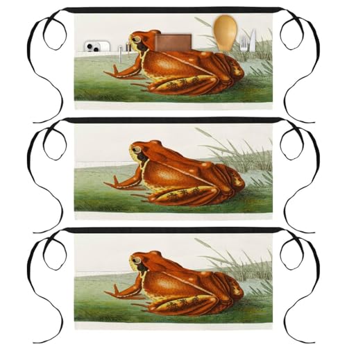 Lot de 3 tabliers courts de chef avec 3 poches pour cuisine et bistrot motif grenouille multicolore