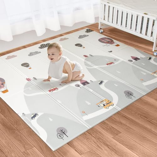 Image of IEATFO Foldable Playmat Baby Play Mat 79" x 71" Large Reversible Waterproof XPE Crawling Mat for Kid Anti-Slip Portable Floor Mat with Travel Bag Play & Tummy Time Crawling Mat for Indoor Outdoor Use