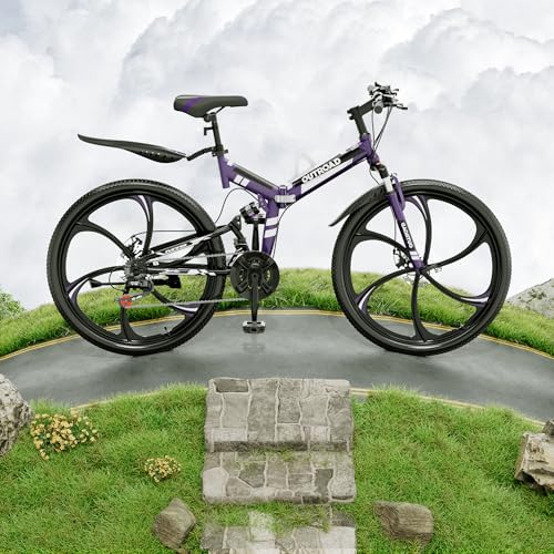 Image of Outroad 26 Inch Folding Mountain Bike, 21 Speed Full Suspension High-Carbon Steel MTB Foldable Bicycle, Dual Disc Brake Non-Slip Adjustable Seat Folding Bikes for Adults /Men /Women, Black, Orange