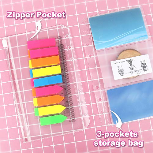 2 Pack A6 Refill Paper, 80 Sheets/Pack, 2Pcs Binder Pockets A6 Size 6 Holes, 2 Pack 160 Pieces Neon Index Tabs, 1 Pcs Ruler Clear Page Marker, LEOBRO A6 6 Holes Refillable Lined Craft Paper Set