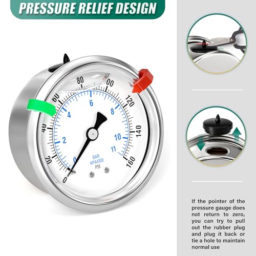 Image of 0-160PSI Stainless Steel Glycerin Liquid Filled Pressure Gauge 1 /4 inch NPT 2.5 inch Face Dial, Back Mount, for Water, Oil and Air Pressure Testing (with Range Mark Pointer)