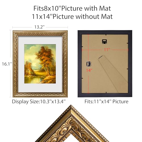 Image of 11x14 Vintage Picture Frames,Antique Frames with White Mat for 8x10 Picture,Gold Frames for Wall Decor,4 Pack Ornate Picture Frames,Gold