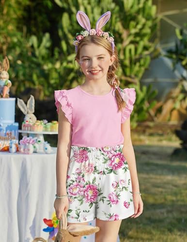 Image of Arshiner Girls 2 Piece Outfits Summer Clothes Ruffle Short Sleeve Shirts Top and High Waist Paper Bag Shorts Set with Pockets