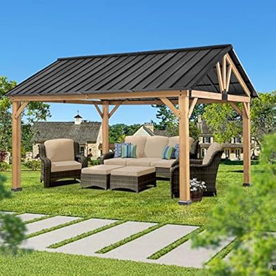Gardenbee Wood Gazebo 13 x 11 ft. Wood Patio Gazebo Cedar Framed Gazebo with Steel Frame Gable Roof Hardtop Gazebo for Patio, Garden, Lawns, Parties