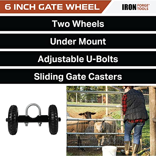 Image of Iron Forge Tools Fence Gate Wheel - 6 Inch Rolling Gate Wheels for Wooden or Metal Tube Gates - Heavy Duty on 7 in Axle - Adjustable Steel U-Bolts for Easy Mounting