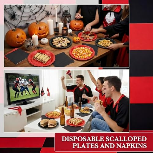 Tiangrid 120 Pcs Red and Black Plates and Napkins Party Supplies Disposable Paper Plates 7 Inch Scalloped Plate for Graduation Casino Theme Party Spooky Birthday Decorations,Serve 60(Red and Black) — view 5