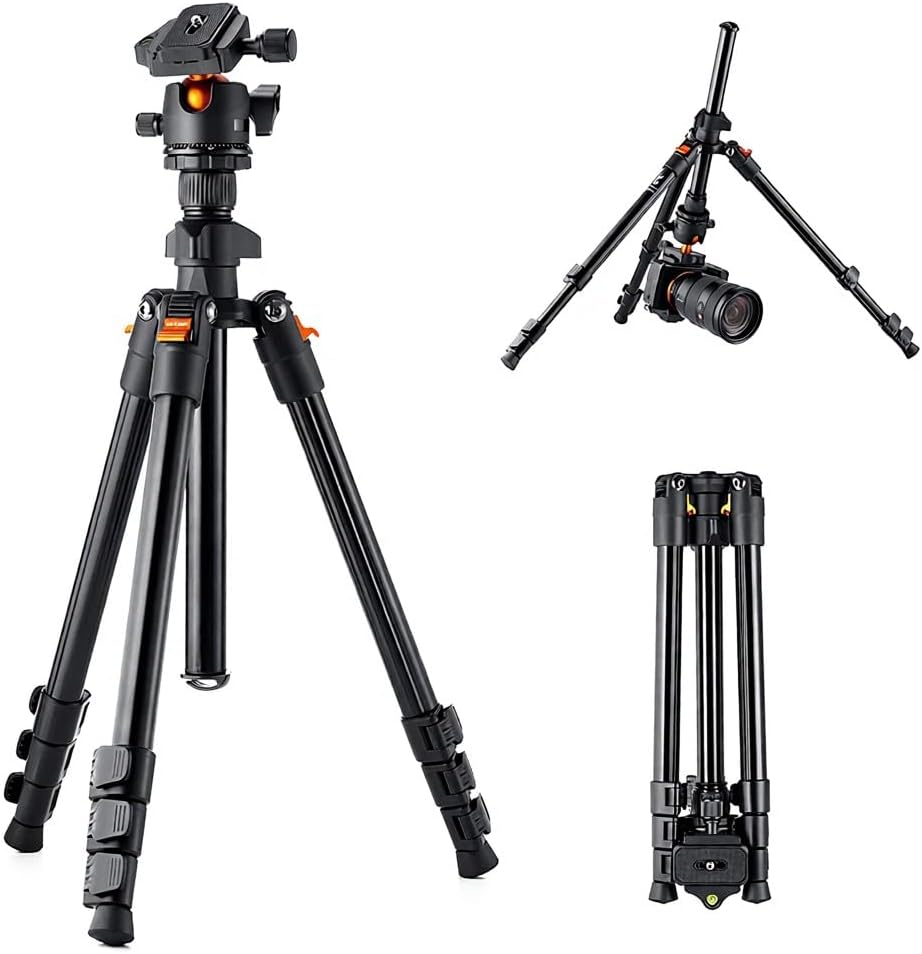 Portable Aluminum Alloy Travel Tripod with 360 Rotatable Reversible Center Column 8kg Load Capacity Carrying Bag for Cameras Projectors and Telescopes