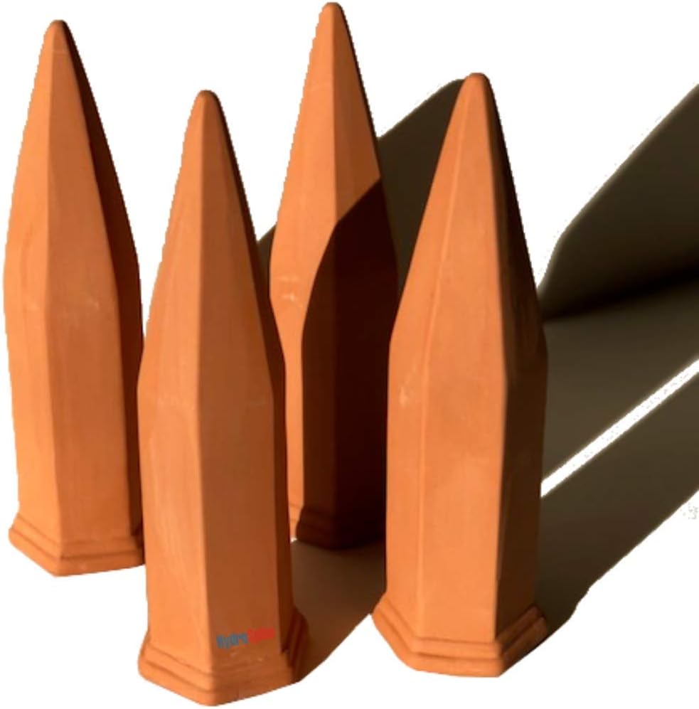 HydroSpike ClaySpike (4-Pack) Plant Terracotta Watering Spikes Kit for Outdoor Pot. 7 Inch Extra Long Stakes. Terra Cotta Self Automatic Slow Hydro Drip Irrigation System. Glass Wine Bottle Waterers
