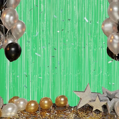 Image of DECOCKRAT 3 Pack Foil Fringe Backdrop - Pastel Light Green Shiny Tinsel Curtains for Party Decoration /Photo Booth Props - 3.3x8.2 FT Metallic Foil Backdrop for Birthday, Wedding, Graduation, Christmas