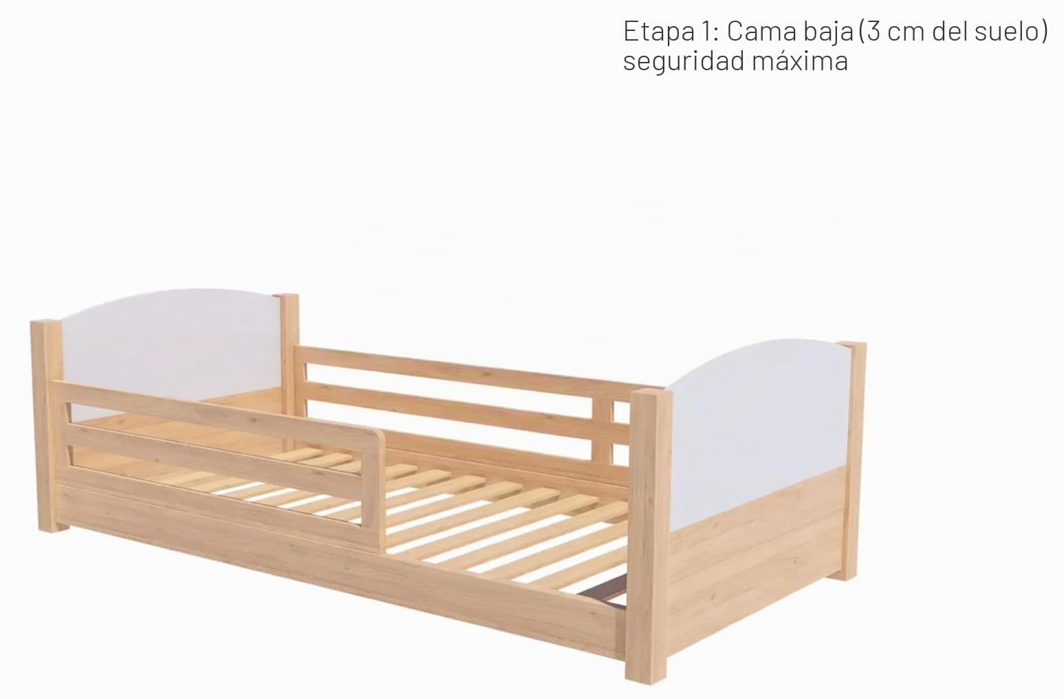 KONTARBOOR Cama Infantil Convertible 3 en 1 Madera – Altura del colchón Ajustable – Barandillas extraíbles – Inteligente y ECONÓMICA – Diseño de Madera Natural 90x190 cm.