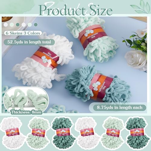Image of Threlaco 6 Pack Finger Loops Yarn Bulk Soft Chunky Yarn 600 G / 6 Skeins for Mothers Day Beginners Knitting No Needles or Hooks(White, Light Green, Dark Green)