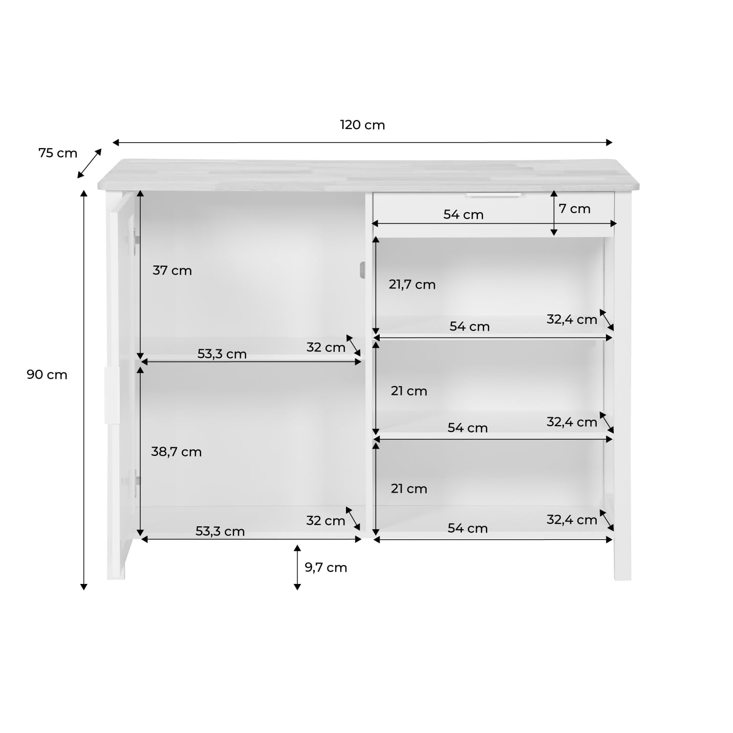 sweeek - Îlot Central de Cuisine MOLENE. Plateau en Bois d'hévéa. 120x75cm. Blanc. 5 étagères. 1 Porte. 1 tiroir. L 120 x P 75 x H 90cm