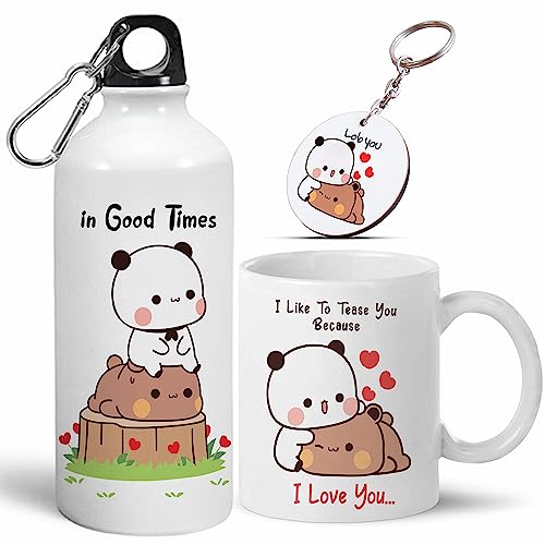 Image of Bubu Dudu Love Gift for Birthday /Anniversary Sipper Water Bottle 750 ML Aluminium with 320 ML Coffee Mug, Wooden Keychain Combo Pack MSK-V (Design-5)