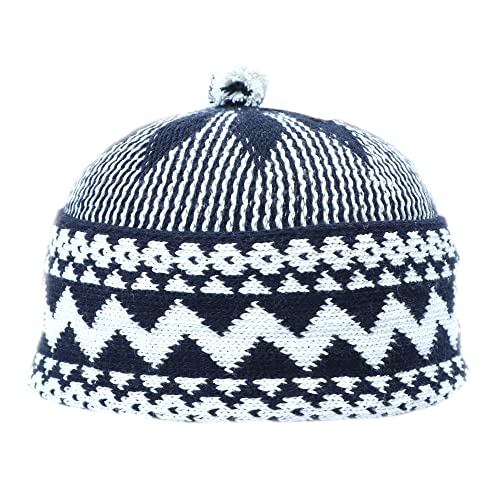 TheKufi® Indigo Blue Cotton Blend Zigzag Beanie Kufi Hat with Ball on Top One-Size