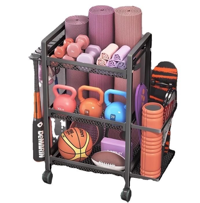 3-Layer Home Gym Storage Organiser with Lockable Wheels – Dumbbell Rack & Yoga Mat Storage, Fitness Equipment Holder for Workout Gear
