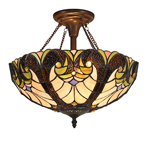 Cotoss Tiffany Style Ceiling Light Fixtures 16” Wide Stained Glass Lamp Shade 2-Light Classical Victorian Style Semi Flush Mount Ceiling Light for Hallway Bedroom Kitchen