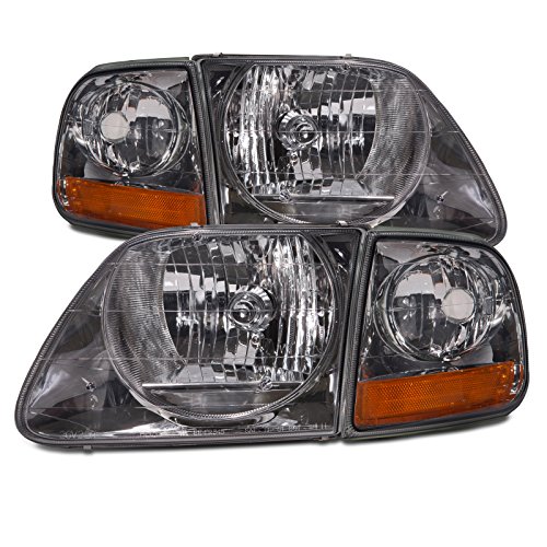 HEADLIGHTSDEPOT Chrome Housing Halogen Lightning Style Headlights Compatible with Ford F-150 Heritage Includes Left Driver and Right Passenger Side Headlamps Set w/Corners