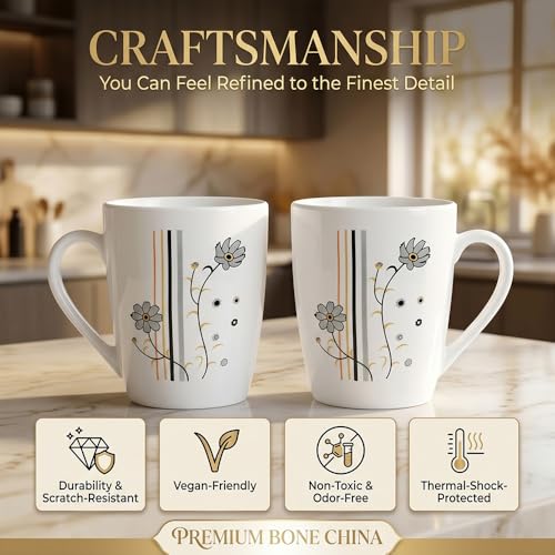 Image of UPC Daisy Line Bone China Mug Set of 2 | Floral Printed Ceramic Coffee & Tea Cups | Stylish Milk Mugs for Home, Office, Kitchen & Everyday Use
