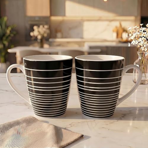 Image of UPC Midnight Stripe Bone China Mug Set of 2 | Black Line Pattern Ceramic Coffee & Tea Cups | Modern Milk Mugs for Home & Office