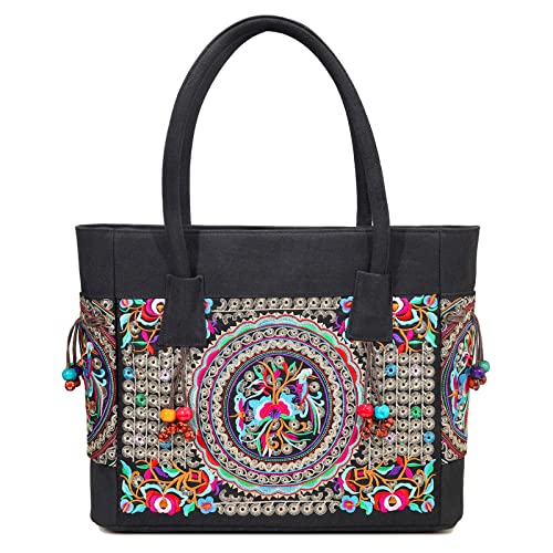 SILKAREA Embroidered Large Canvas Tote Bag for Women with Zipper Handmade Vintage Handbag Shoulder Bag