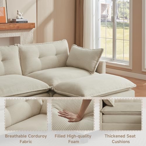 Image of Amsleekey 76.5 inch L-Shaped Modular Sectional Sofa, Beige Corduroy