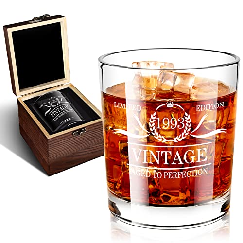 BEYOND MS Regalos de 30 cumpleaños para hombres, decoraciones de 30 cumpleaños para hombres, vaso de whisky de 1993 en valiosa caja de madera