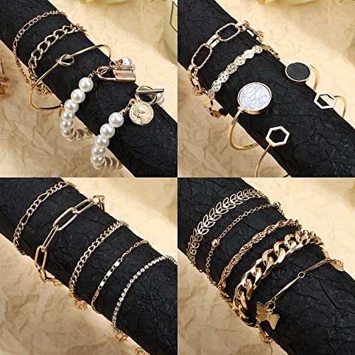 Yadoca 27Pcs Gold Stackable Chain Bracelets Set For Women 14K Gold Plated Boho Dainty Multiple Layered Stackable Open Cuff Wrap Bangle Adjustable Trendy Paperclip Link Italian Cuban Jewelry For Women #TOP6