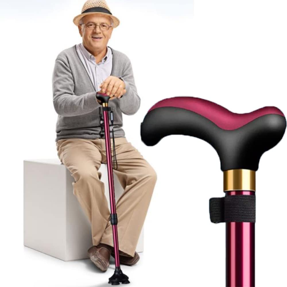 Bastón Plegable para Ancianos, Muleta para Caminar Telescópico, Ajustables Paseo Bastones para Hombres/Mujeres, Se Puede Regulable Entre 72-94cm, Dos Cambios De Base (Color : Wine Red, Size :