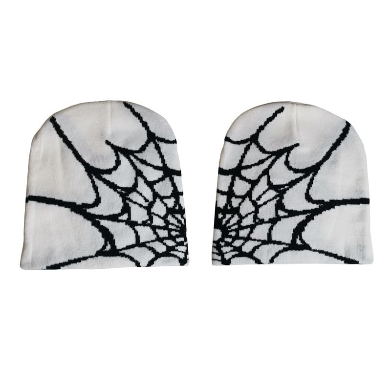 BAIMORE Y2K Gothic Spider Pattern Knitted Hat Winter Warm Acrylic Knitted Beanie for Men Women Beanie White