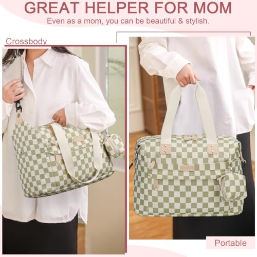 Image of Pritent Diaper Bag Tote - Diaper Baby Bags with Pacifier Case, Shoulder Straps, Stroller Clips, Waterproof Large Mommy Maternity Travel Baby Bag for Mom and Dad, Checkered green, Medium